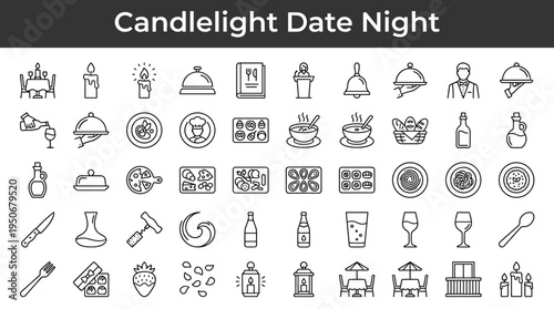Intimate evening meal setting elements and couple dining accessories illustrated as minimal outline icons representing elegant