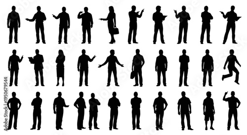 set of black silhouettes of diverse business people in various poses gesturing and holding objects ideal for illustrating concepts.