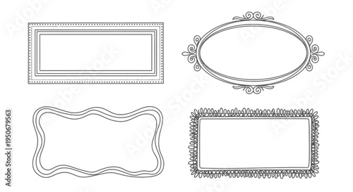 set of blank decorative frames with elegant hand-drawn borders offering versatile copy space for graphic design elements and labels.