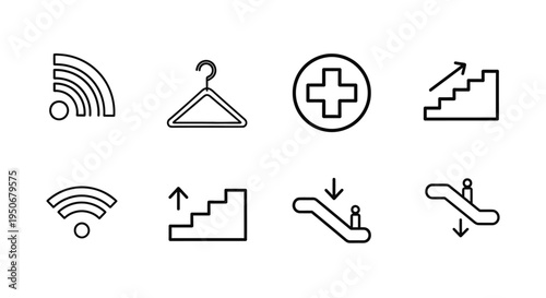 set of eight outline icons for public services and navigation including wifi medical cross stairs and escalators ideal for UI design