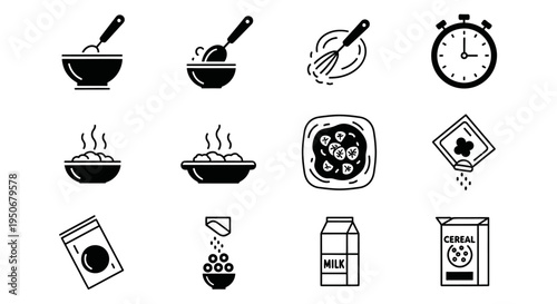 set of cooking process icons illustrating food preparation steps from mixing ingredients to serving breakfast meals.