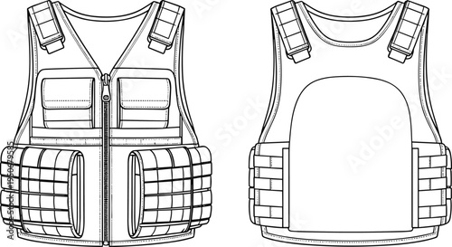 Tactical Military Vest Technical Sketch, Utility Body Armor Jacket Fashion Flat Vector Illustration