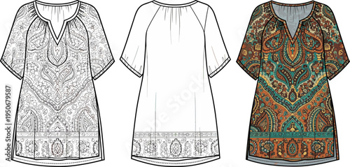 Women Paisley Print Tunic Dress Fashion Technical Drawing Flat Sketch Illustration Set