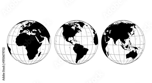 three black and white stylized globes with grid lines displaying various continental views of earth ideal for global geography concepts