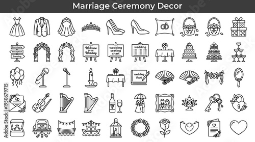 Marriage ceremony decorations and romantic celebration accessories illustrated as minimal outline icons representing elements used