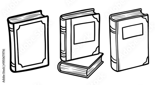 three blank cartoon books in black and white standing and stacked a simple graphic illustration ideal for education or childrens coloring pages.