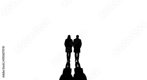 two silhouetted figures walking together on a reflective white surface creating a stark visual of companionship and introspection