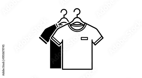 two simple t-shirts one black and one white hanging on clothes hangers representing basic fashion and apparel items for retail.