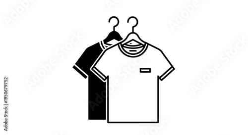 two t-shirts a black and a white one hanging on clothes hangers representing clothing and fashion apparel for e-commerce and retail