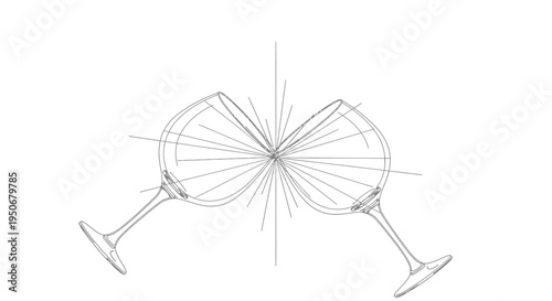 two wine glasses clinking in a minimalist line art illustration radiating lines depicting a festive toast and celebration