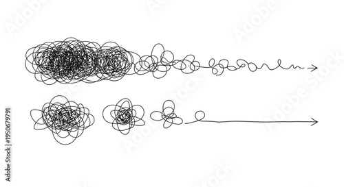 untangling complex problems into simple clear solutions illustrating a journey from chaos to organized efficiency.