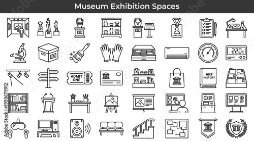 Museum exhibition infrastructure and fine art display equipment illustrated as minimal outline icons representing curated cultural