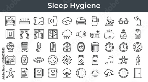 Nighttime rest routine objects and bedtime environment elements associated with good sleep hygiene illustrated as minimal outline
