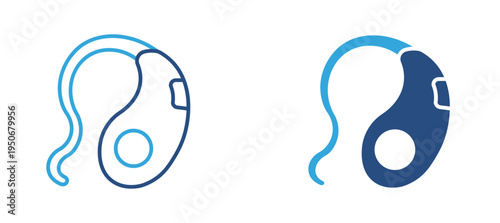 Hearing aid icon set. Ear with behind-the-ear hearing aid device, assistive listening technology, hearing loss support and audiology medical device concept. Vector illustration.