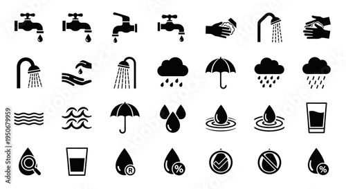 water icons set illustrating essential concepts like conservation hygiene rain and drinking water ideal for environmental and health design
