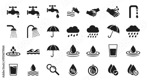 water icons collection depicting droplets rain faucets showers waves and hydration for environmental concepts or usage.