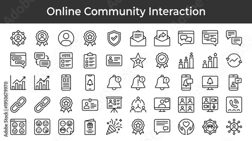 Online community communication tools and digital relationship platforms illustrated as minimal outline icons representing
