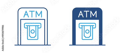 ATM machine icon set. Automated teller machine with cash withdrawal slot, banking service and financial transaction concept. Vector illustration.