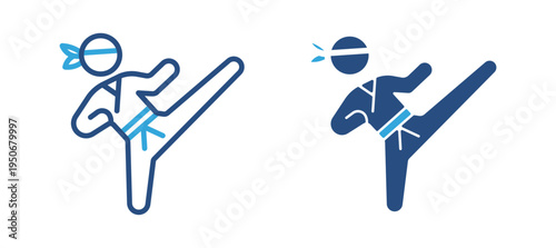 Martial arts kick icon set. Athlete performing high kick in martial arts training, taekwondo or karate combat sport concept. Vector illustration.