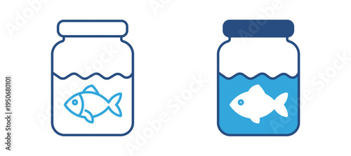 Fish in jar icon set. Fish inside glass jar with water, aquarium container and pet care concept. Vector illustration.