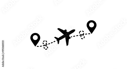 an airplane flying along a dotted path connecting two location pins symbolizing travel global logistics and vacation planning