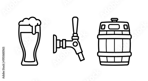beer icons set featuring a glass of foamy beer a draft tap and a barrel ideal for brewing and bar menu designs.