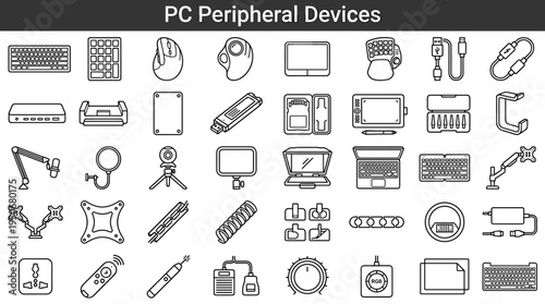 Desk peripherals for personal computers including input tools, connection gadgets and workspace add ons displayed as technical