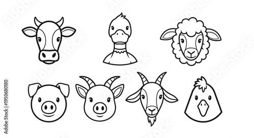 cartoon farm animals line art collection depicting various livestock heads perfect for childrens education and graphic design.