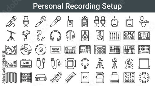 Personal recording workspace gear and sound production equipment illustrated as minimal outline icons representing independent