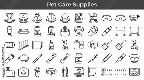 Companion animal care items and domestic pet accessories illustrated as minimal outline icons representing supplies used for