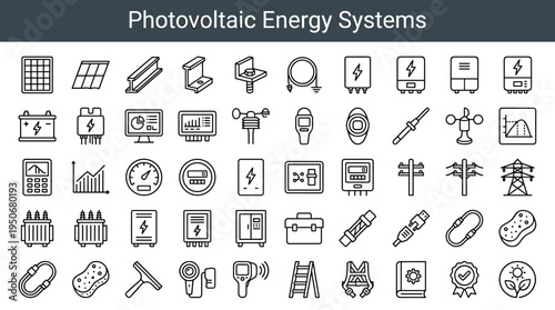 Photovoltaic energy equipment and sun powered electricity systems illustrated as minimal outline icons representing renewable