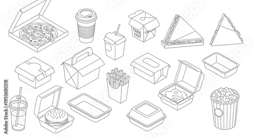 isometric line art illustration of various take out food packaging and fast food items for delivery services and menus