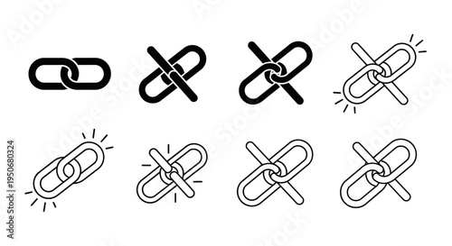 link and broken link icon set for web design symbolizing connection and disconnection in digital interfaces and online communication.