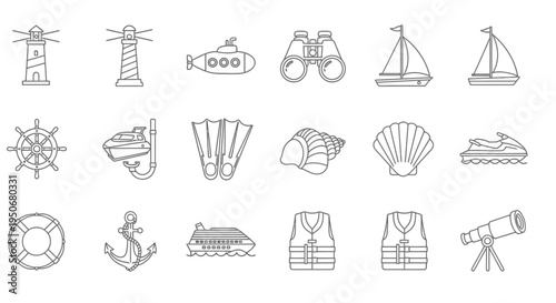 marine and nautical line art icons set depicting sea travel ocean adventure and vacation elements ideal for web and graphic design.