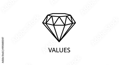minimalist line art diamond icon with the word values representing core principles and ethics for business or personal growth.