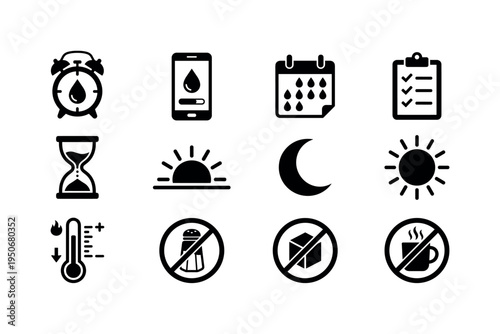 Water intake reminder alarm, smartphone hydration app screen, calendar hydration log, checklist clipboard, hourglass timer,
