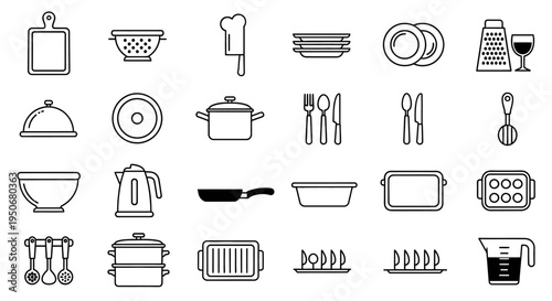 simple kitchen utensils and cooking equipment icons for food preparation and serving essentials perfect for graphic design.