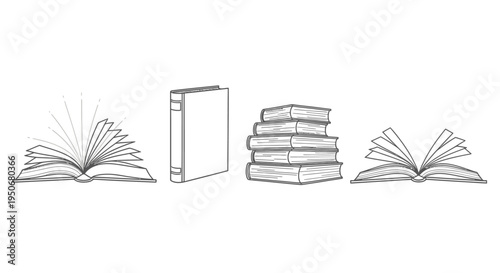 outline illustrations of open books and stacked books symbolizing education knowledge and learning resources.