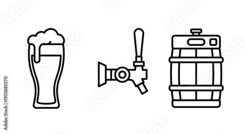 outline beer icons illustrating a glass tap and keg ideal for menus apps and brewing industry concepts.