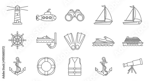 set of nautical outline icons for marine travel and adventure featuring boats lighthouses anchors and safety gear.