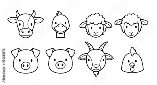 simple outline cartoon farm animal heads collection including cow duck sheep pig goat and chicken for childrens education and design