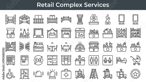 Retail complex infrastructure and commercial shopping facilities illustrated as minimal outline icons representing services and