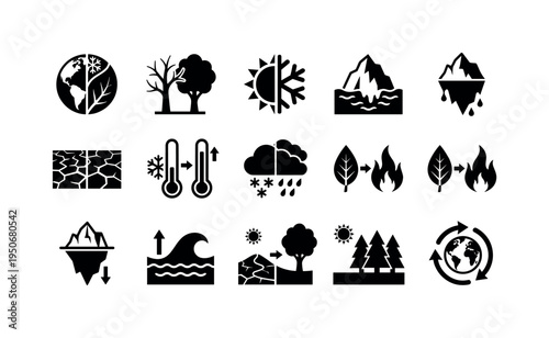 Earth with half snow half leaf icon, tree changing from bare to green symbol, sun and snowflake split circle icon, melting glacier