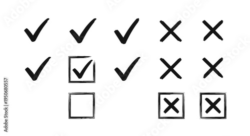 a collection of hand-drawn check and cross marks with empty checkboxes perfect for illustrating choices selection and voting in digital forms.
