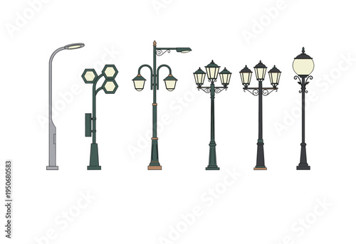 Collection of street lamp designs, showing various lighting fixtures and poles from contemporary to classic styles on a white background