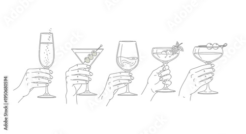 a collection of line art hands holding various alcoholic drinks featuring champagne martinis wine and garnished cocktails.