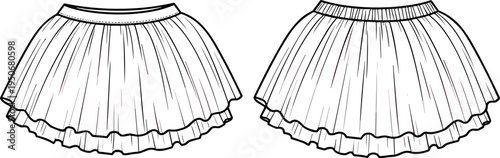 Women's Pleated Mini Skirt Flat Technical Sketch, Ruffle Flared Skirt Fashion Design Illustration