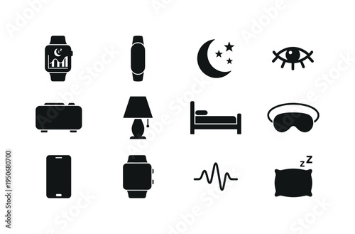 Smartwatch with sleep graph, fitness band tracker, crescent moon with stars, closed eye symbol, digital alarm clock, bedside lamp,
