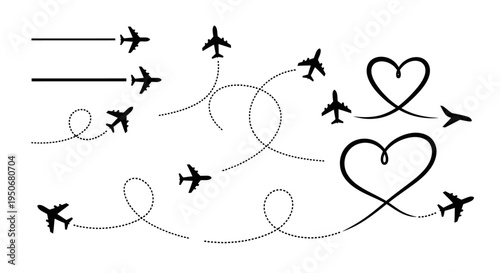 airplanes tracing dotted flight paths with heart shapes symbolizing travel journeys and love for global navigation concept.