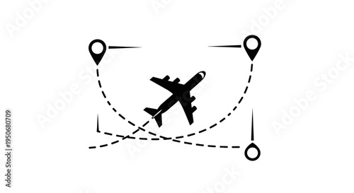 airplane icon tracing an international flight path connecting multiple map destinations ideal for global travel and logistics.